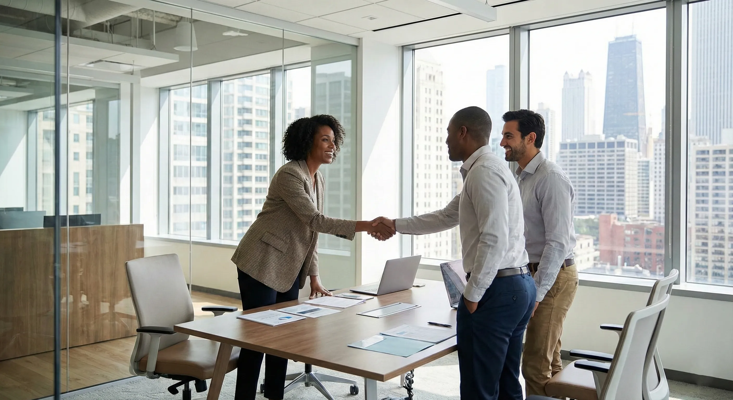 Manager and employee in a positive contract-to-hire meeting
