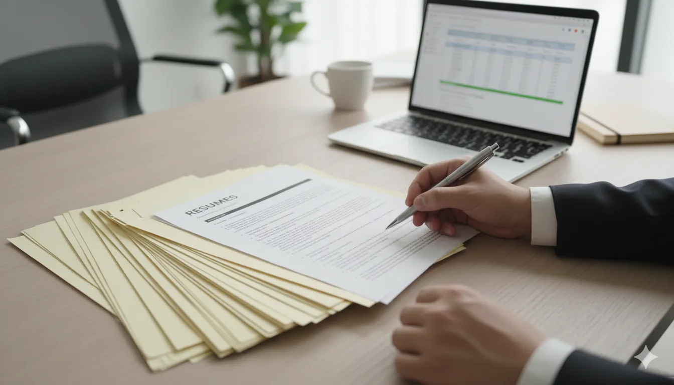 A manager smiling during a job interview with a candidate in a bright, modern office.