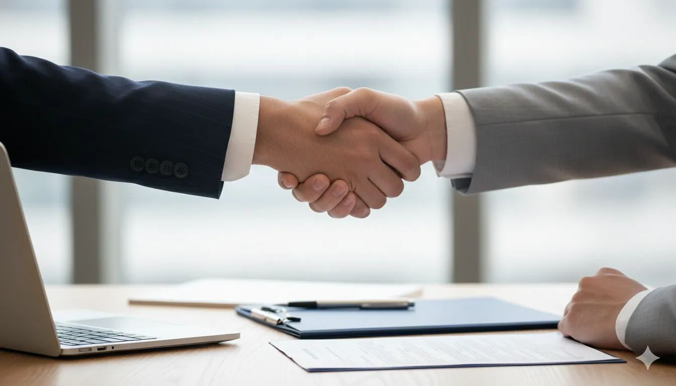 Two business professionals shaking hands in a modern office, sealing a deal.